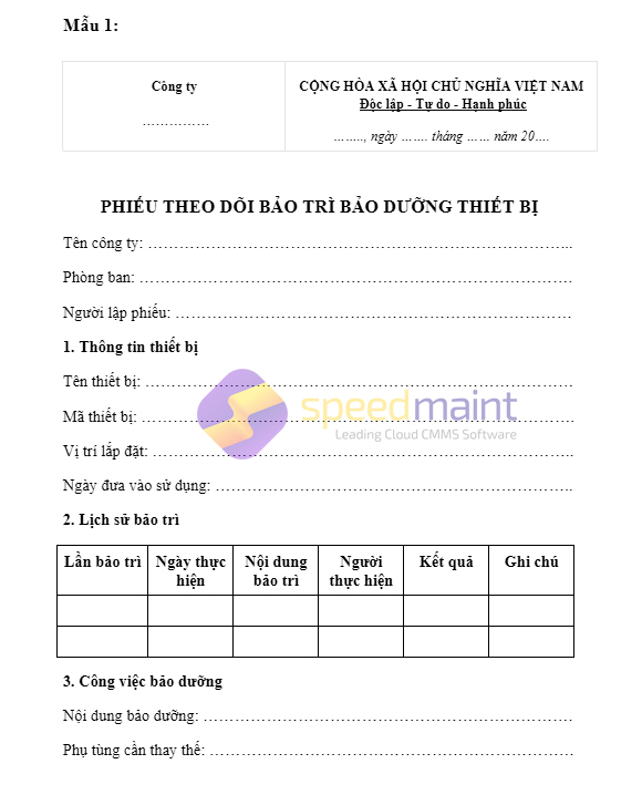 Mẫu 1: Mẫu phiếu theo dõi bảo trì bảo dưỡng thiết bị