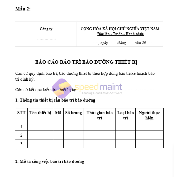 Mẫu 2: Báo cáo bảo trì bảo dưỡng thiết bị